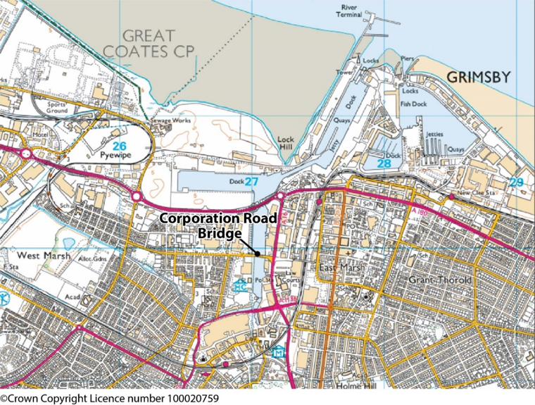 Map showing location of Corporation Bridge ( Near the centre of Grimsby and Alexandra dock)